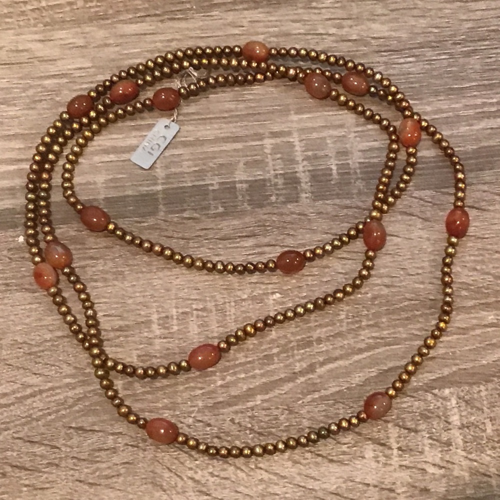 Earth Tone Freshwater Pearl & Orange Carnelian Beaded Endless Necklace 64" Long